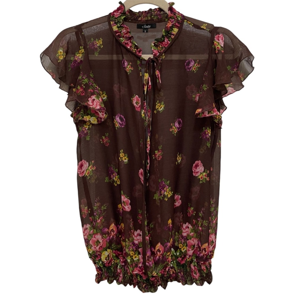 Sele Sheer Floral Top Womens S Open Front with Tie Boho Festival‎